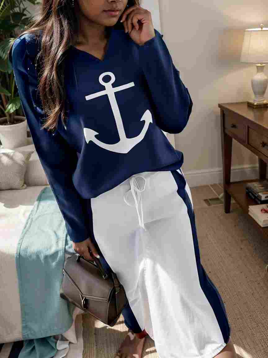 anchor print v neck long sleeve t shirt trousers two piece suit 121576