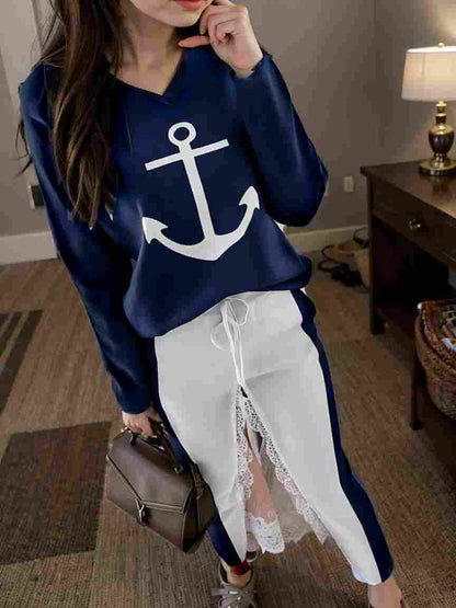 anchor print v neck long sleeve t shirt trousers two piece suit 138694