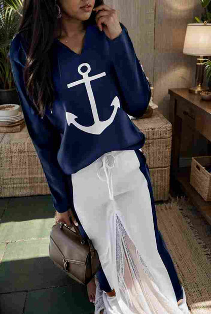 anchor print v neck long sleeve t shirt trousers two piece suit 106206