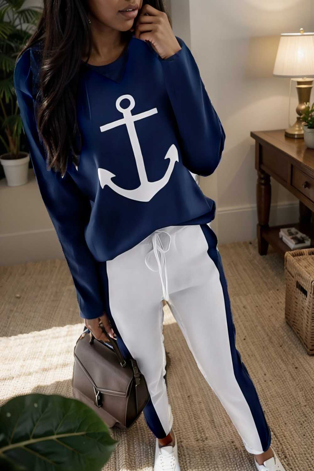 anchor print v neck long sleeve t shirt trousers two piece suit 107510