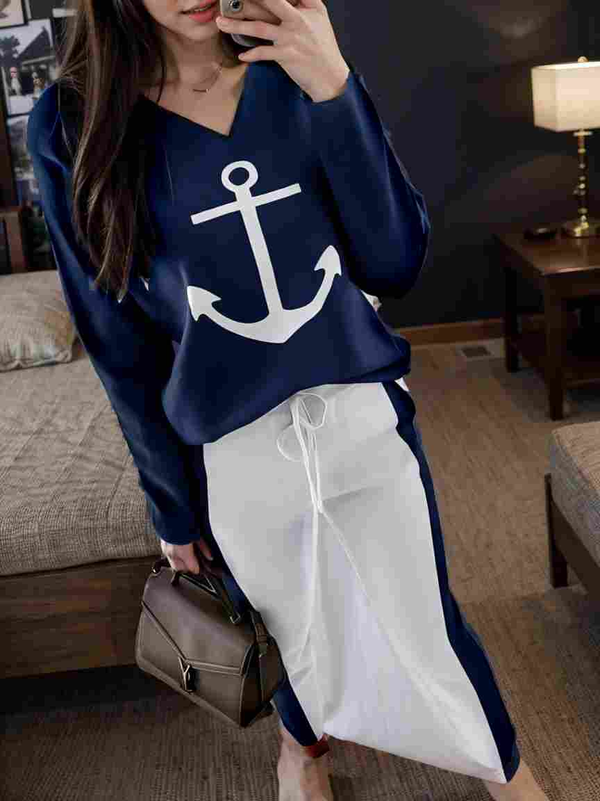 anchor print v neck long sleeve t shirt trousers two piece suit 103505