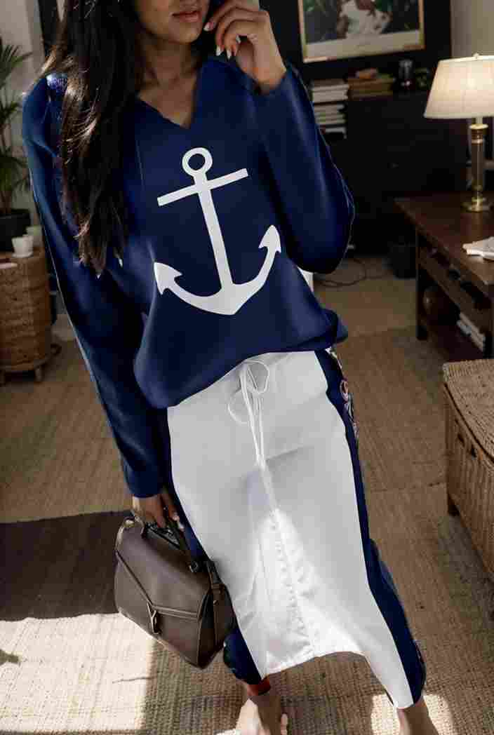 anchor print v neck long sleeve t shirt trousers two piece suit 125323