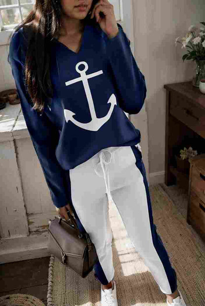 anchor print v neck long sleeve t shirt trousers two piece suit 140440