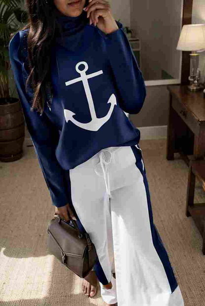 anchor print v neck long sleeve t shirt trousers two piece suit 128429