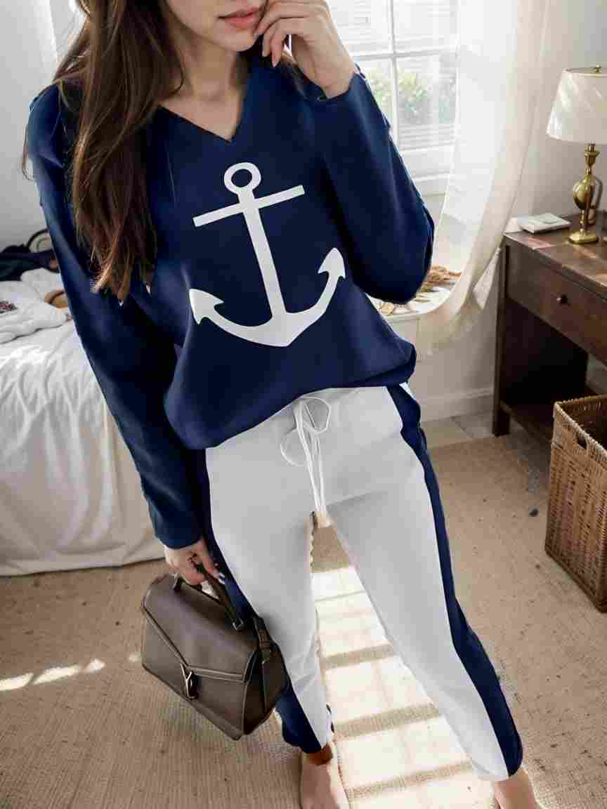 anchor print v neck long sleeve t shirt trousers two piece suit 132805