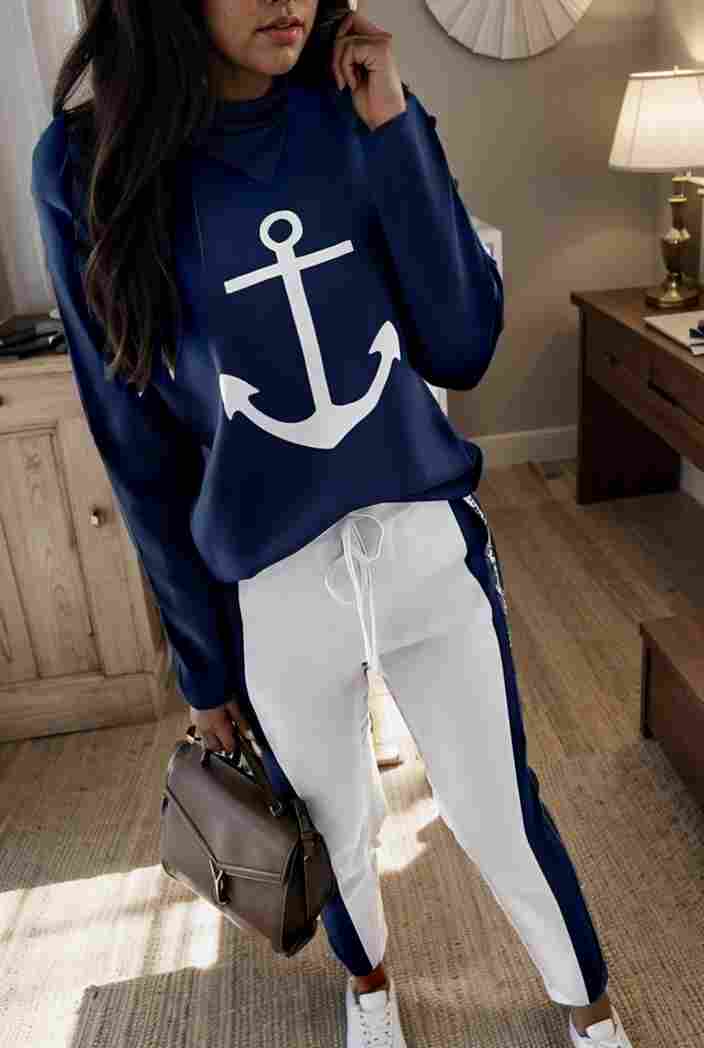 anchor print v neck long sleeve t shirt trousers two piece suit 132122