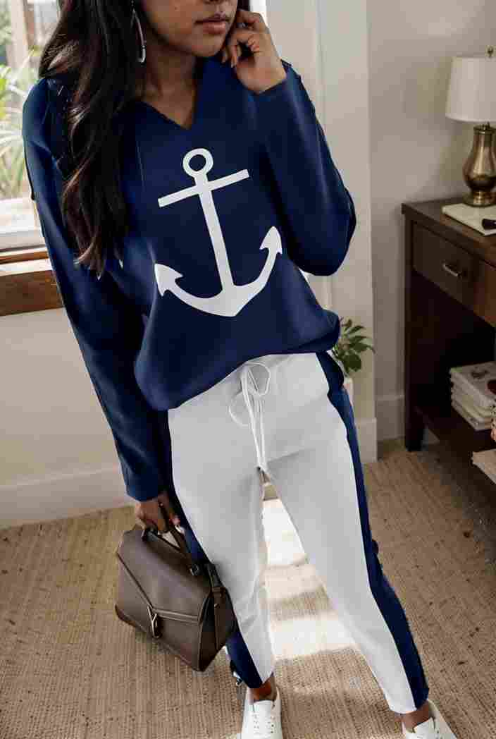 anchor print v neck long sleeve t shirt trousers two piece suit 133118