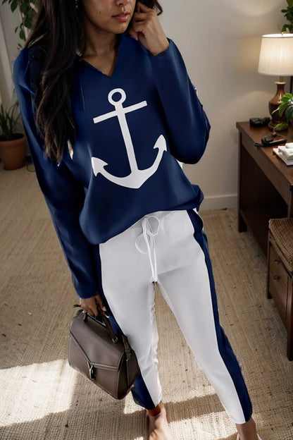 anchor print v neck long sleeve t shirt trousers two piece suit 126797