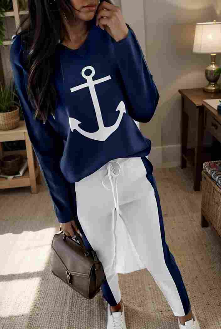 anchor print v neck long sleeve t shirt trousers two piece suit 120159