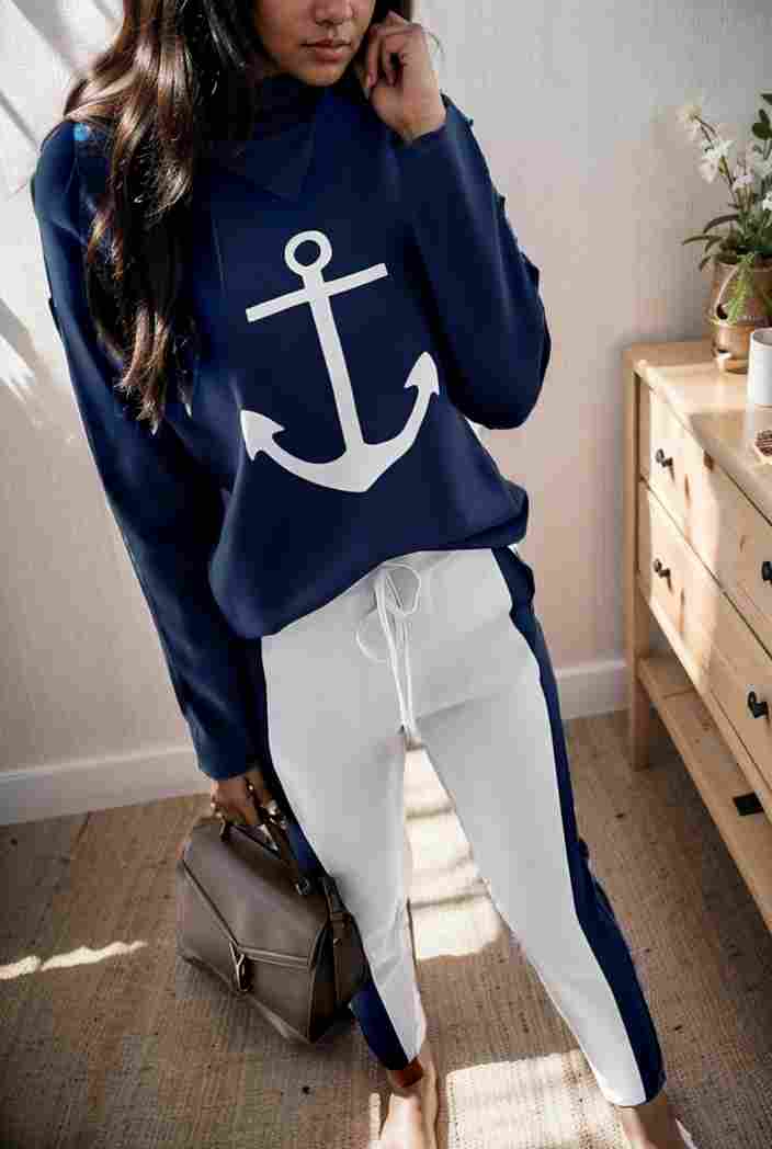 anchor print v neck long sleeve t shirt trousers two piece suit 128622