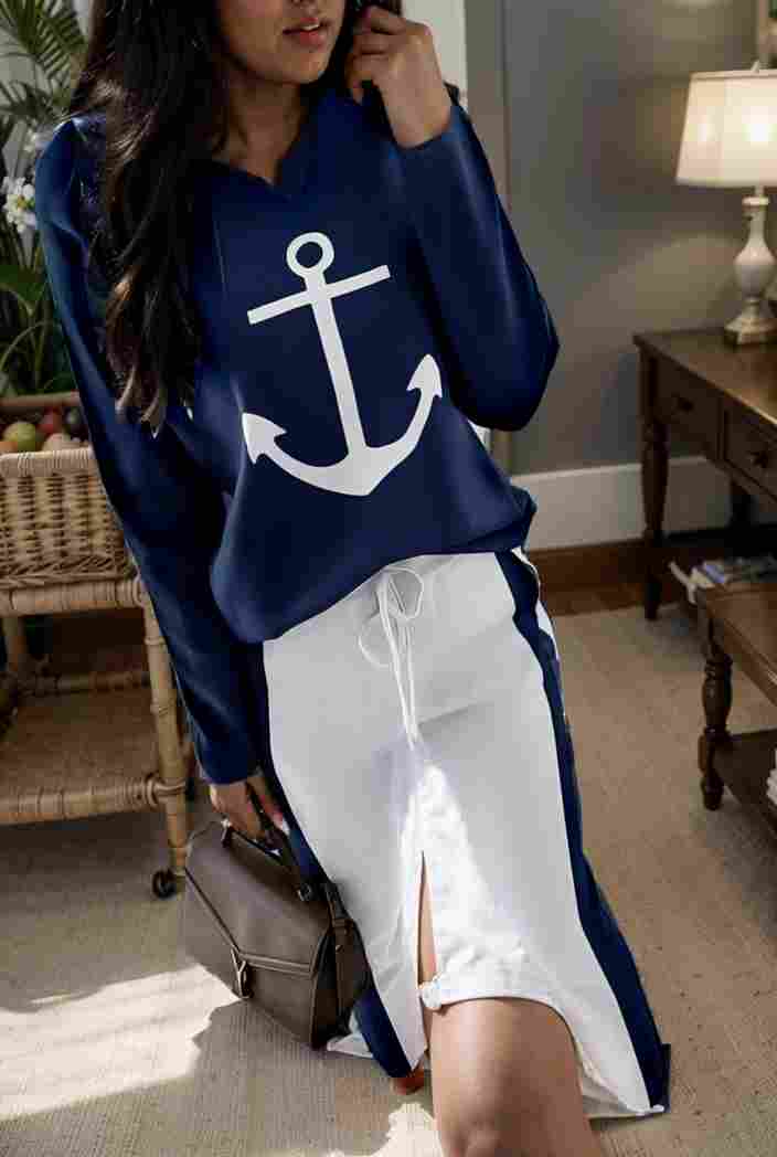 anchor print v neck long sleeve t shirt trousers two piece suit 125280