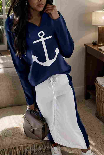 anchor print v neck long sleeve t shirt trousers two piece suit 127694