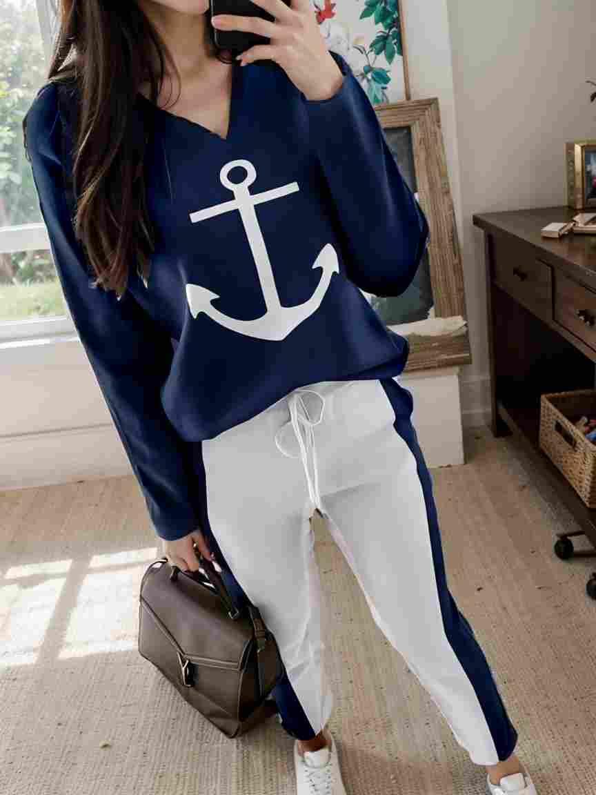 anchor print v neck long sleeve t shirt trousers two piece suit 106655