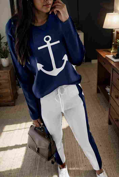 anchor print v neck long sleeve t shirt trousers two piece suit 137101