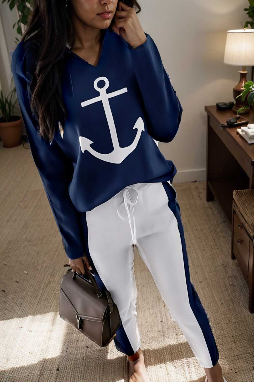 anchor print v neck long sleeve t shirt trousers two piece suit 134657