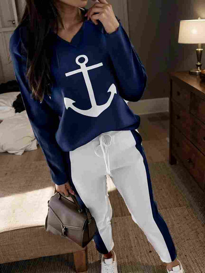 anchor print v neck long sleeve t shirt trousers two piece suit 111768