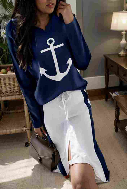 anchor print v neck long sleeve t shirt trousers two piece suit 125763