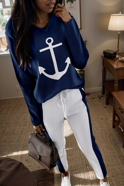 anchor print v neck long sleeve t shirt trousers two piece suit 107509