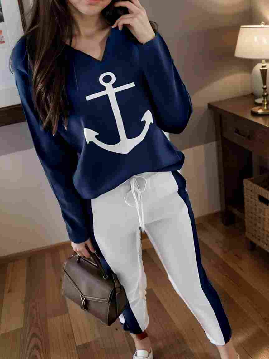 anchor print v neck long sleeve t shirt trousers two piece suit 103506