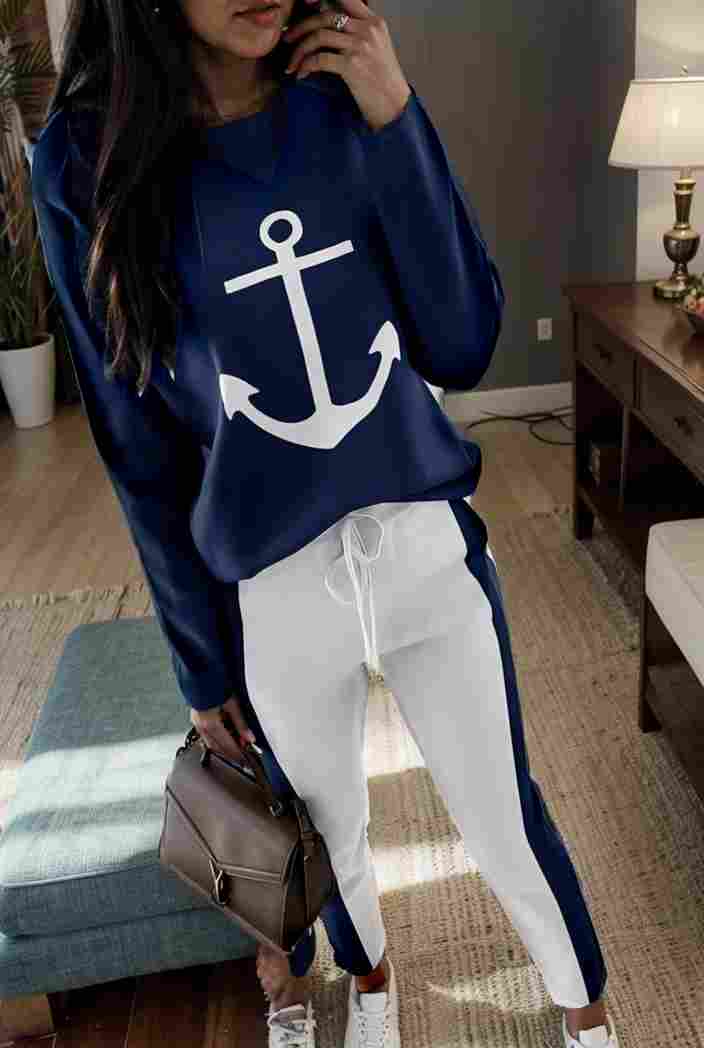 anchor print v neck long sleeve t shirt trousers two piece suit 114760