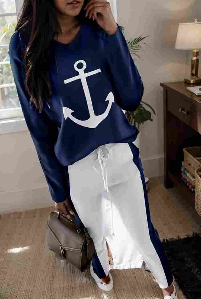 anchor print v neck long sleeve t shirt trousers two piece suit 103979