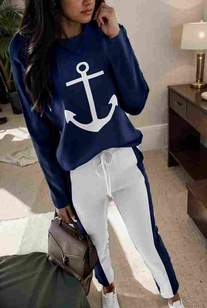 anchor print v neck long sleeve t shirt trousers two piece suit 114923