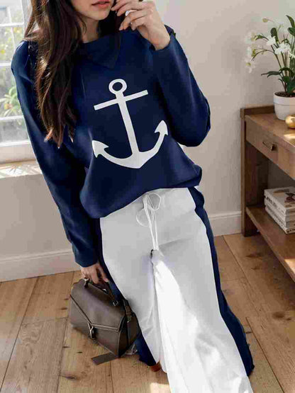 anchor print v neck long sleeve t shirt trousers two piece suit 147381