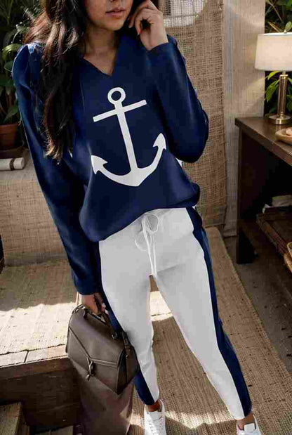 anchor print v neck long sleeve t shirt trousers two piece suit 107281