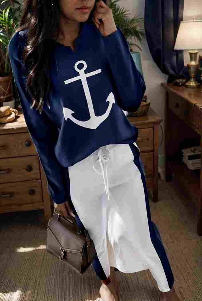 anchor print v neck long sleeve t shirt trousers two piece suit 132123