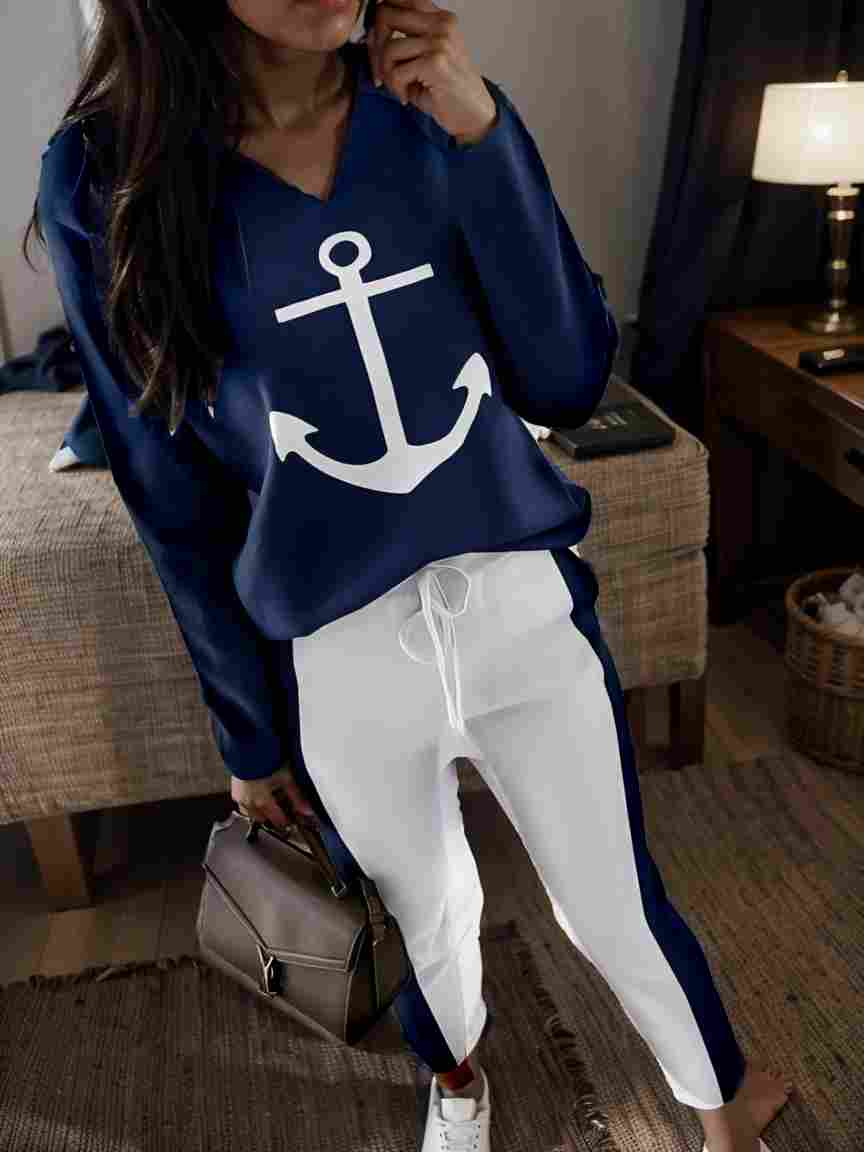 anchor print v neck long sleeve t shirt trousers two piece suit 135252