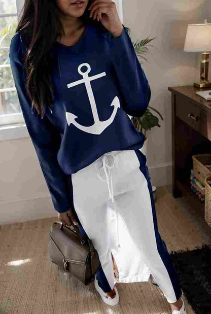 anchor print v neck long sleeve t shirt trousers two piece suit 147550