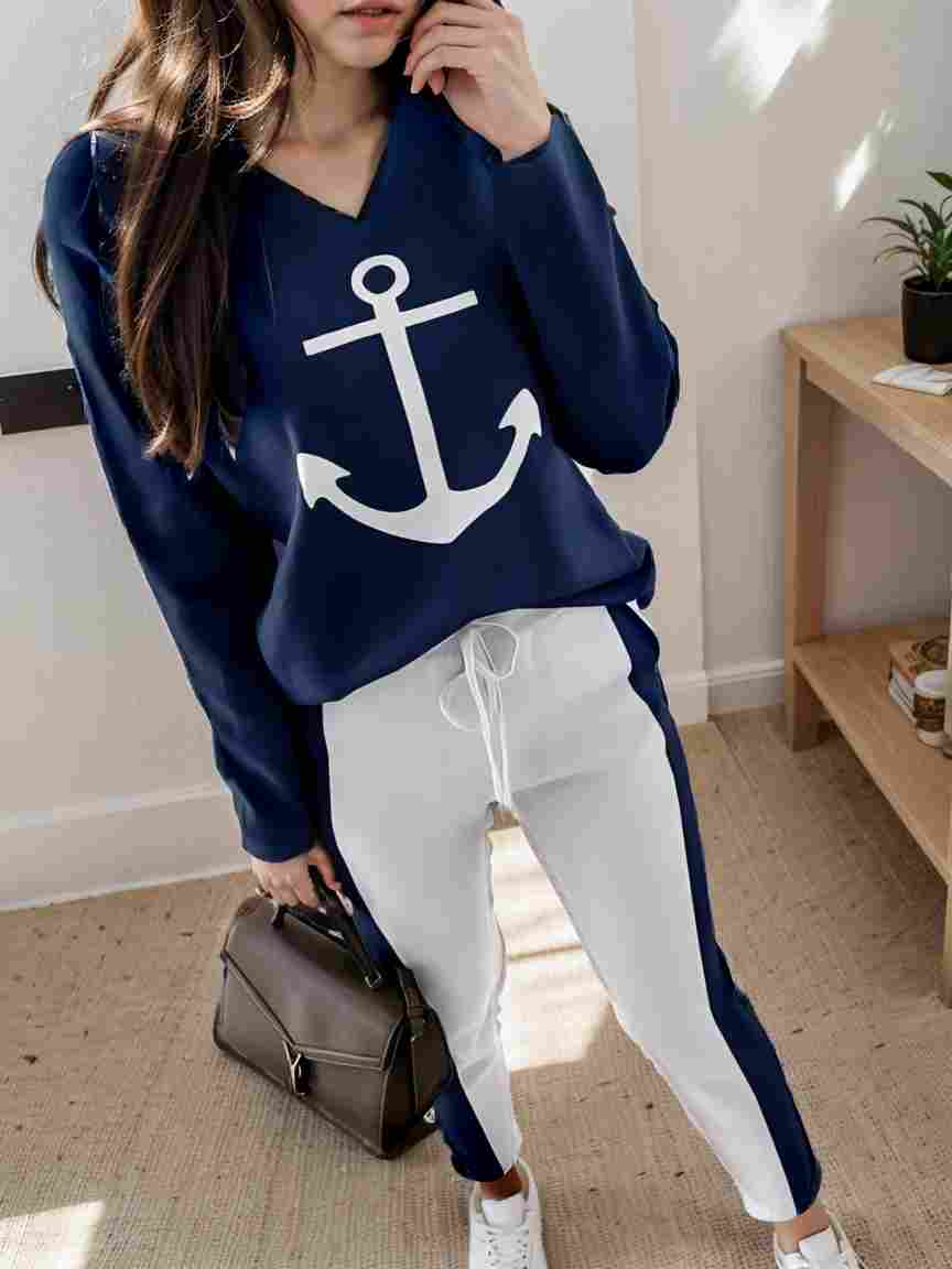 anchor print v neck long sleeve t shirt trousers two piece suit 113294