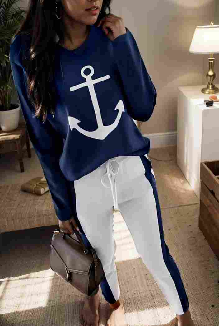 anchor print v neck long sleeve t shirt trousers two piece suit 145171