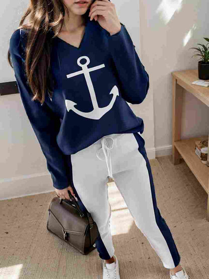 anchor print v neck long sleeve t shirt trousers two piece suit 102767