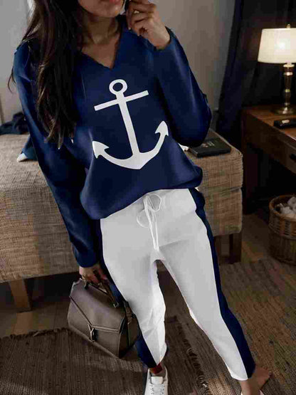 anchor print v neck long sleeve t shirt trousers two piece suit 111770