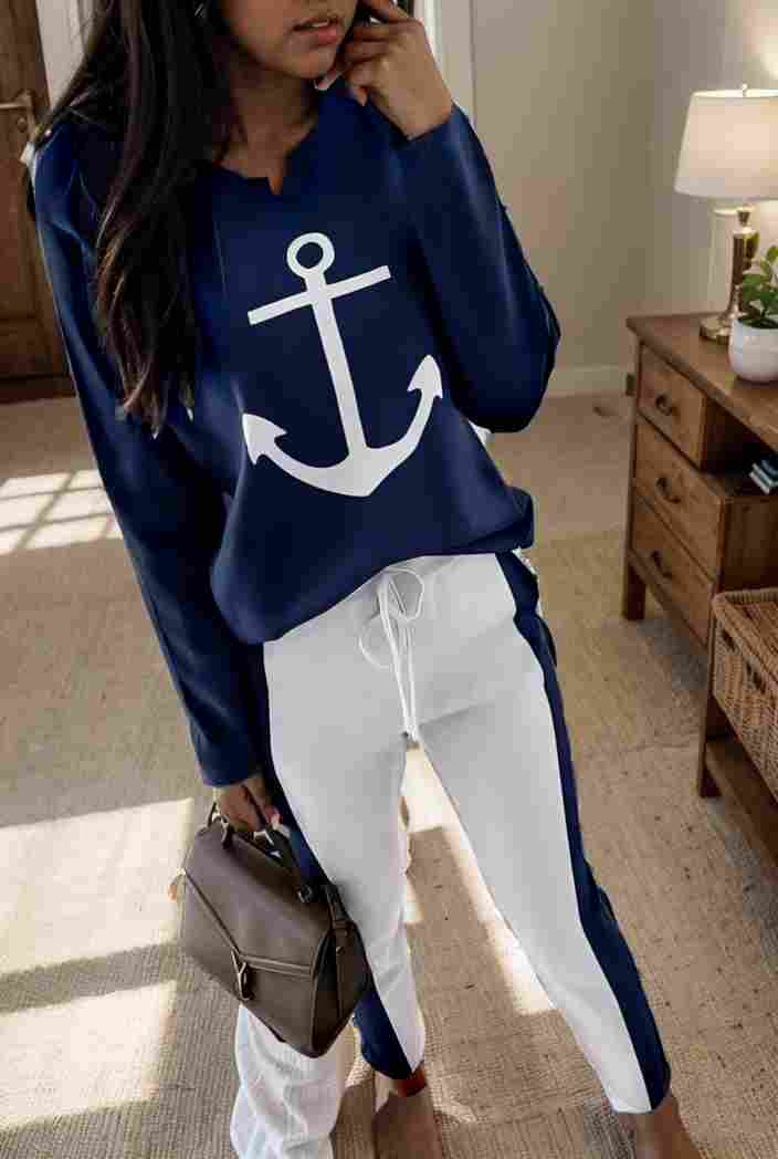 anchor print v neck long sleeve t shirt trousers two piece suit 139540