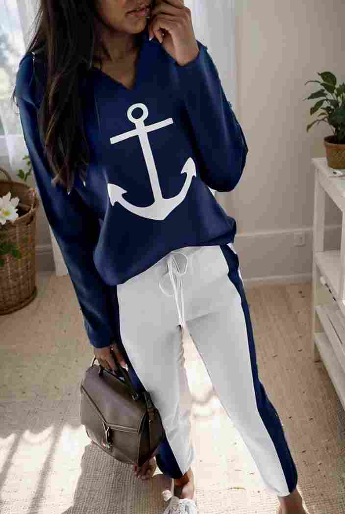 anchor print v neck long sleeve t shirt trousers two piece suit 128823