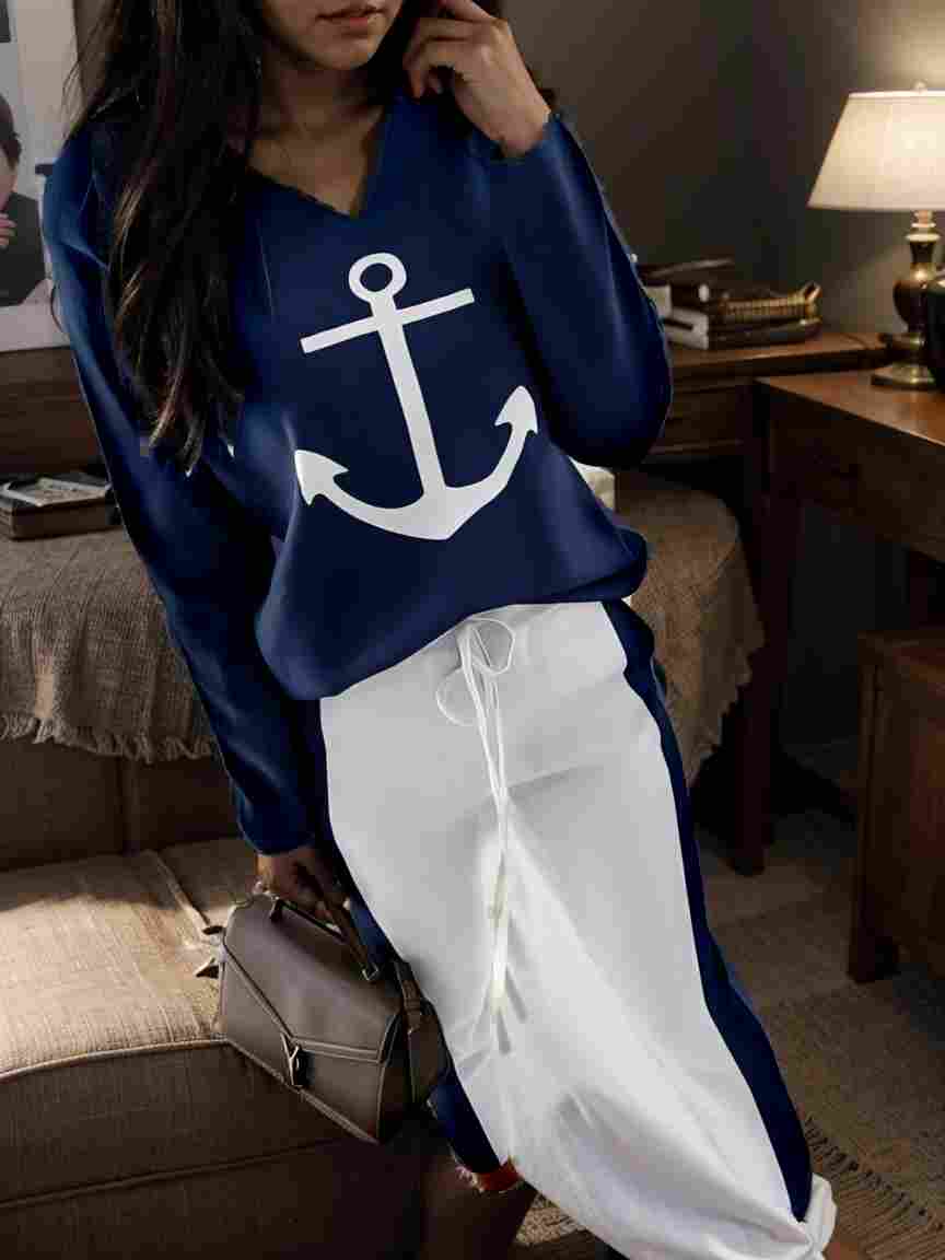 anchor print v neck long sleeve t shirt trousers two piece suit 100032