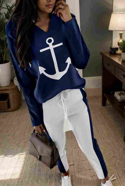 anchor print v neck long sleeve t shirt trousers two piece suit 144732