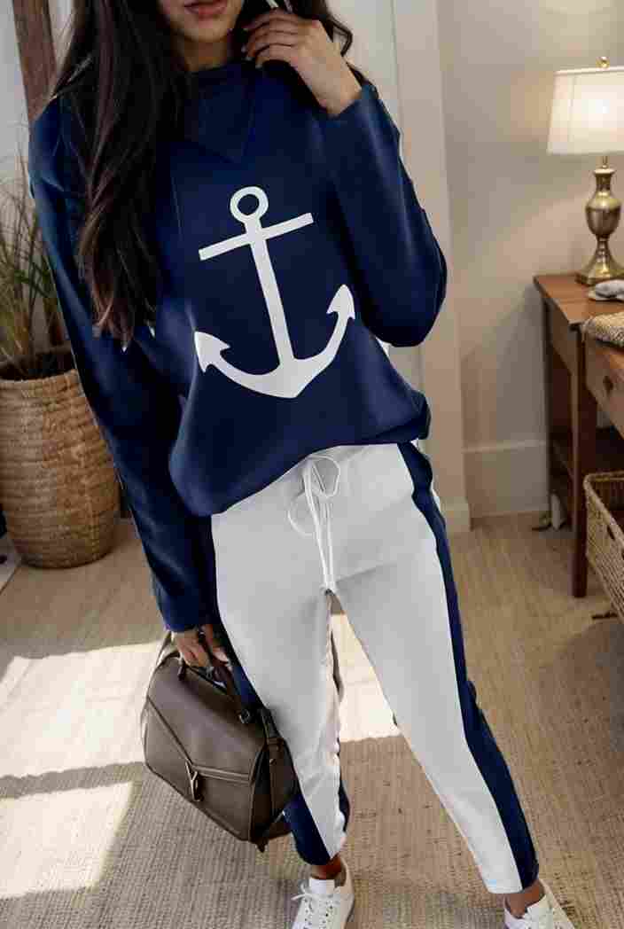 anchor print v neck long sleeve t shirt trousers two piece suit 117978