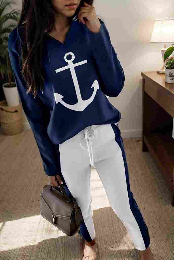 anchor print v neck long sleeve t shirt trousers two piece suit 133027