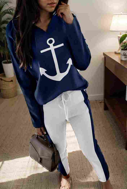 anchor print v neck long sleeve t shirt trousers two piece suit 108439