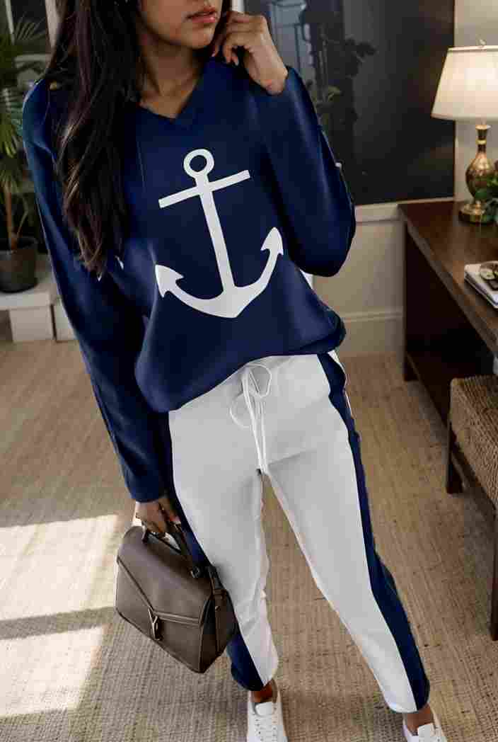 anchor print v neck long sleeve t shirt trousers two piece suit 100021