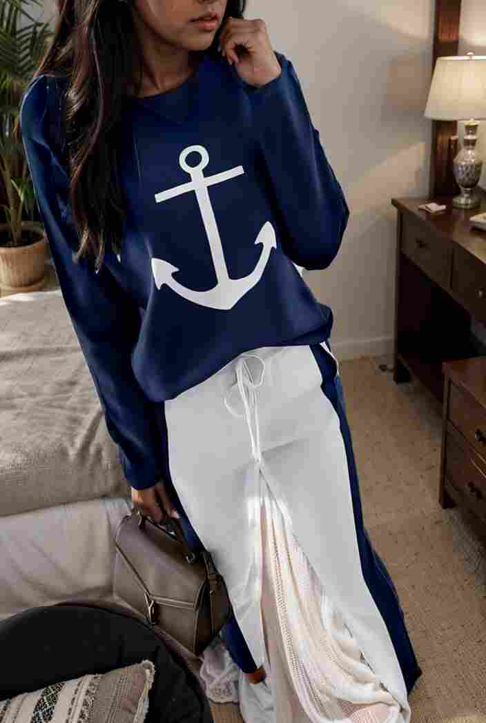 anchor print v neck long sleeve t shirt trousers two piece suit 143476