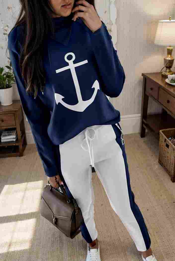 anchor print v neck long sleeve t shirt trousers two piece suit 122871