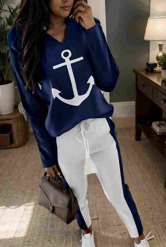 anchor print v neck long sleeve t shirt trousers two piece suit 140441