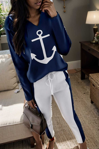 anchor print v neck long sleeve t shirt trousers two piece suit 107507