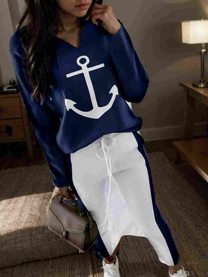 anchor print v neck long sleeve t shirt trousers two piece suit 100030