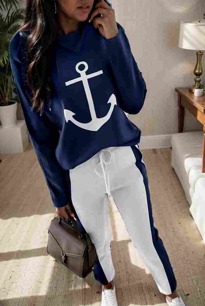 anchor print v neck long sleeve t shirt trousers two piece suit 147095