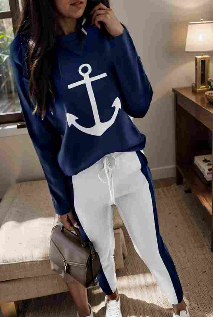 anchor print v neck long sleeve t shirt trousers two piece suit 114546